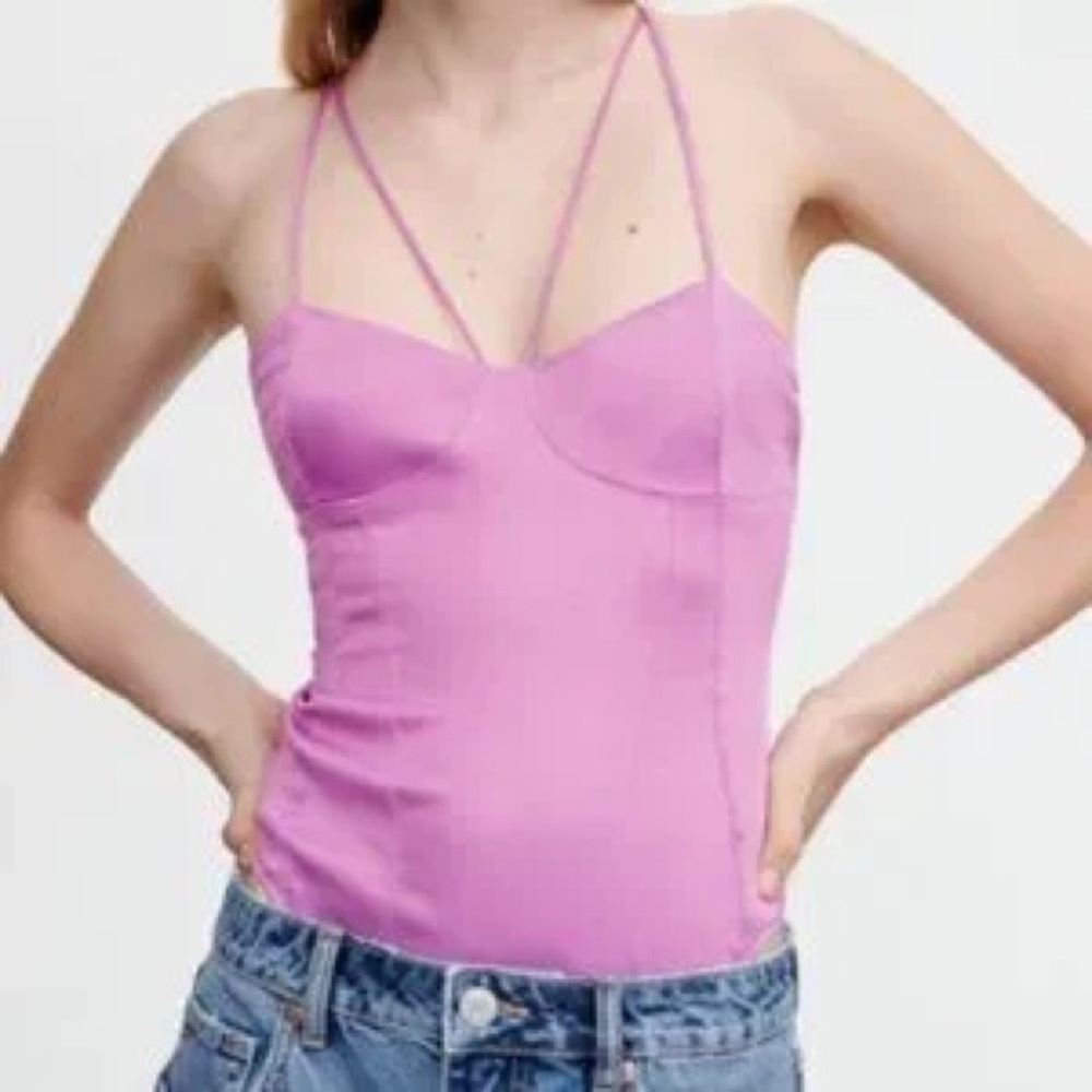 Brand New Zara Satin Effect Bodysuit Size Small - Pink Strappy